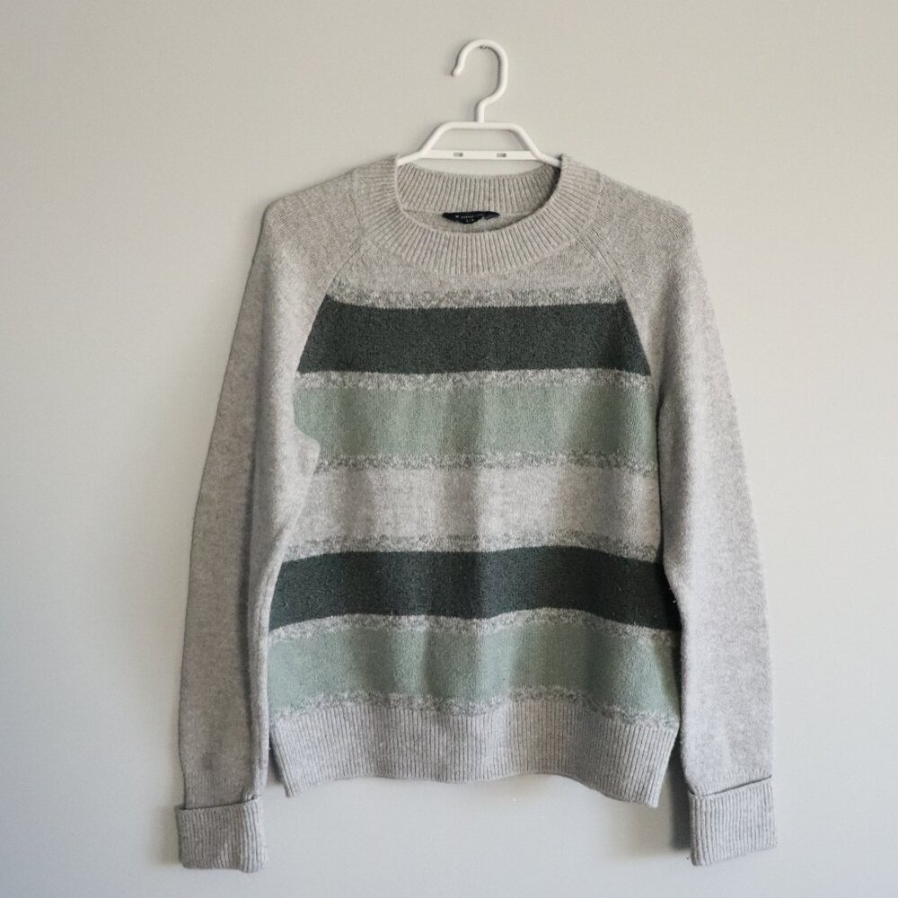 Denver Hayes Women's Sz Lrg Grey Striped Stretch Ribbed Crew Pullover Sweater